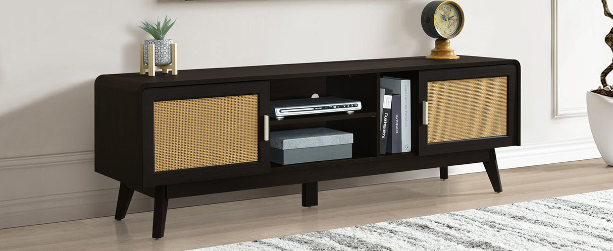 63'' Dark Rattan TV Stand with 2 Storage Cabinets and Solid Wood Legs
