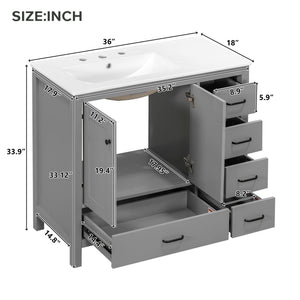 Bathroom Vanity With Ceramic Sink Combo, Abundant Storage Cabinet 2 Soft Close Doors And 5 Drawers