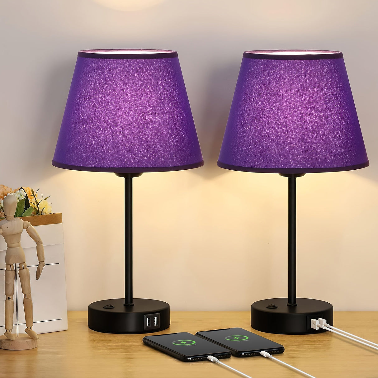 Bedside Table Lamps Set of 2 with USB Ports for Bedroom Nightstand Lighting