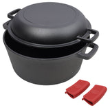 2 in 1 Pre-Seasoned Cast Iron Dutch Oven With Dual Handles, Outdoor Camping Deep Pot for Camping Fireplace Cooking BBQ Baking Campfire, 5 Quart.With 2pcs Silicone Handel Covers.