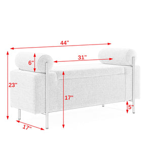 Elegant Upholstered Storage Bench With Cylindrical Arms And Iron Legs,