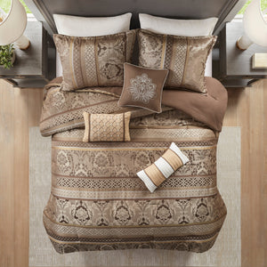 7 Piece Jacquard Comforter Set Brown/Gold Queen