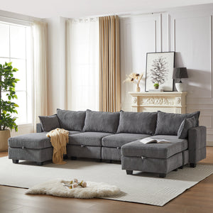 113.5'' Modular Sectional Corduroy Sofa with Storage Ottoman