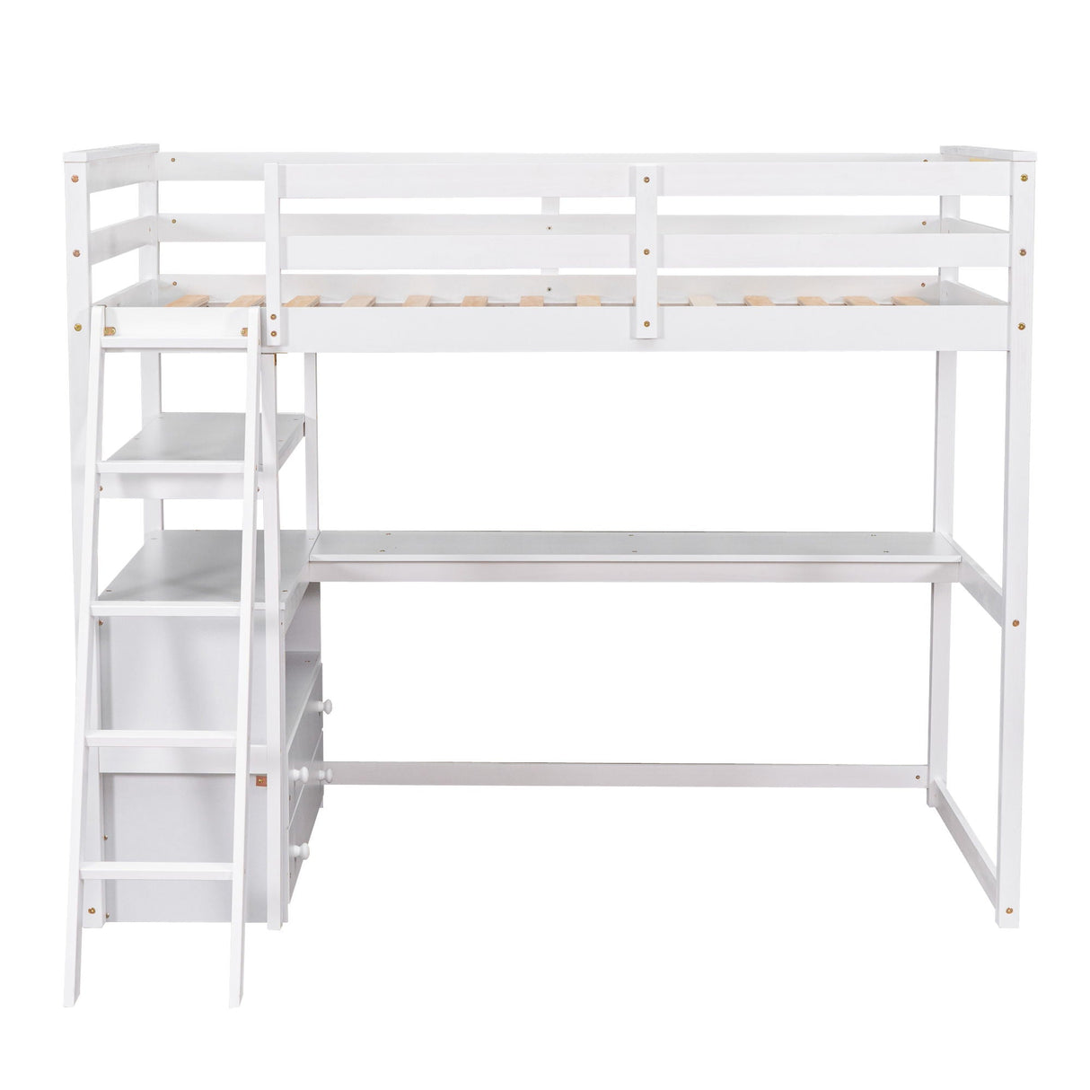 Modern Loft Bed With Built In Desk, Shelves, And 2 Drawers