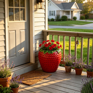 15'' tall Strawberry Shaped Planter Pot, Cute Fruit Decorative Flower Vase, Weather Resistant Outdoor Garden Planter for Patio Porch Yard Lawn Entryway Home Tabletop Decor