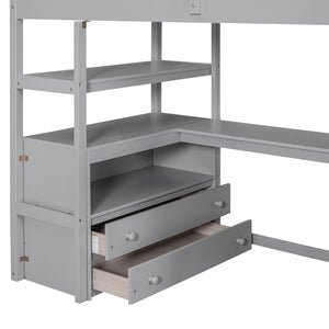 Loft Bed With Desk, Shelves, 2 Drawers, Storage Staircase