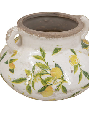 8.1x8.1x5.2" Wide Ceramic Planter with Yellow Lemon and Green Leaf Motif and Small Handles