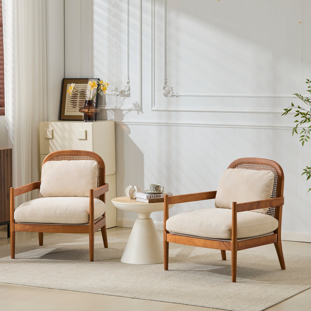 Elliston Rattan Backrest Solid Wood Accent Chair with Cushions Set of 2