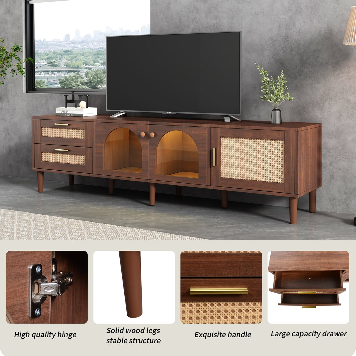 Rattan TV Stand with 3 Cabinets & 2 Drawers