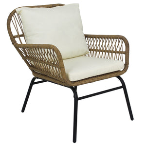 6PCS Outdoor Patio Balcony Natural Color Wicker Sofa Chair Set with Beige Cushion and Round Tempered Glass Table