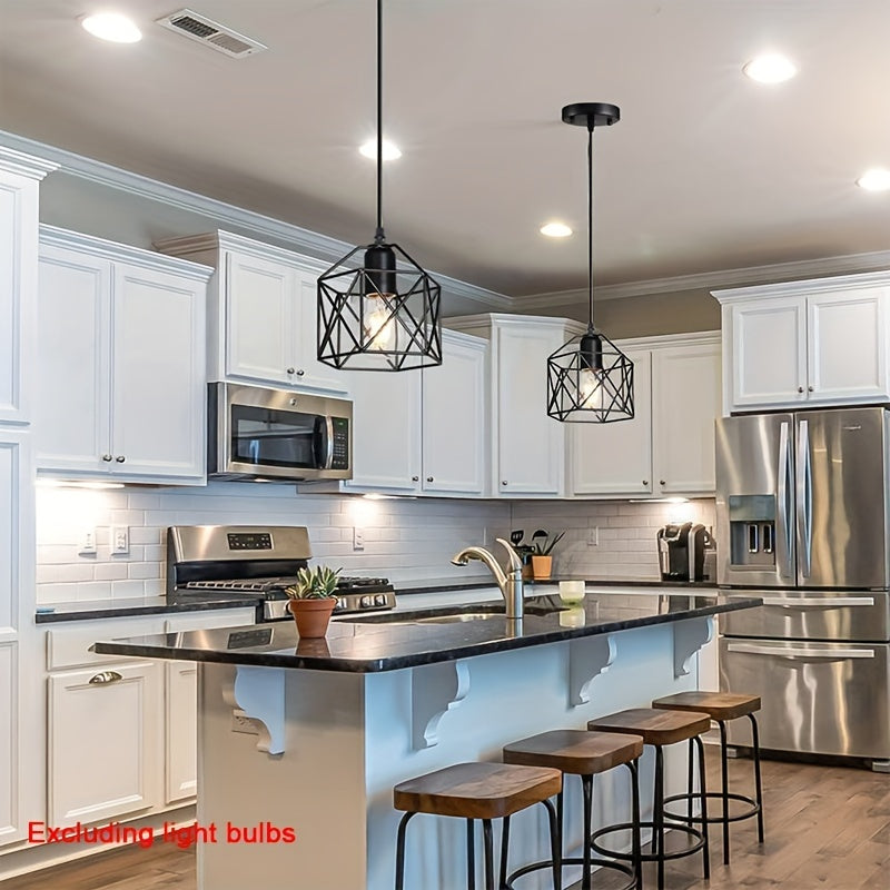 Industrial Farmhouse Pendant Light – Adjustable Metal Cage Fixture for Kitchen