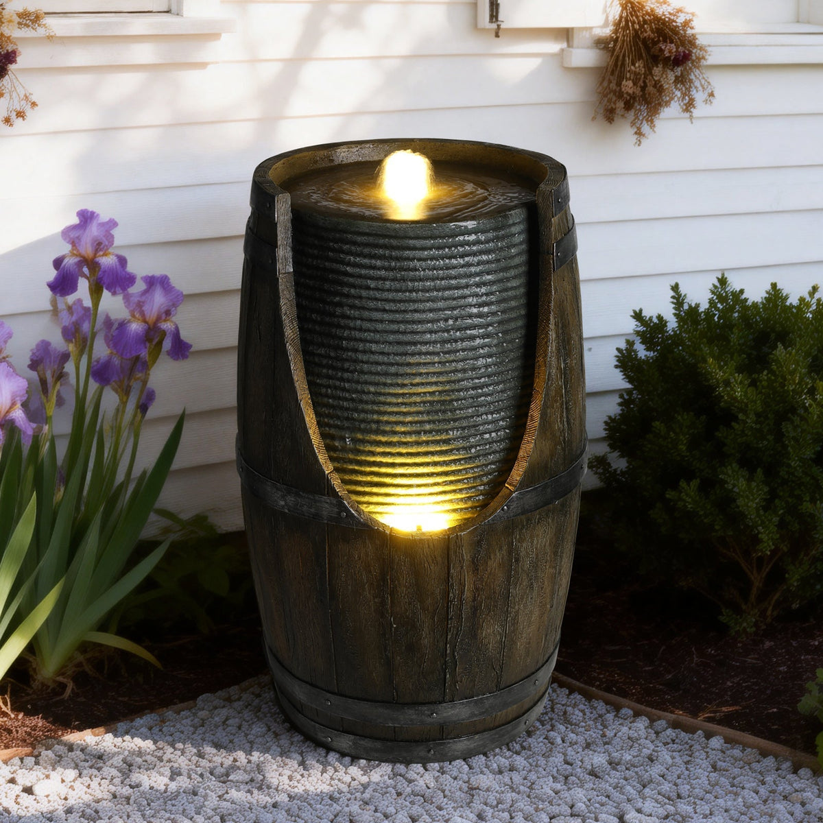 Wooden Barrel Style Outdoor Water Fountain with Lights Resin Rustic Garden Waterfall Decor for Patio Porch Yard