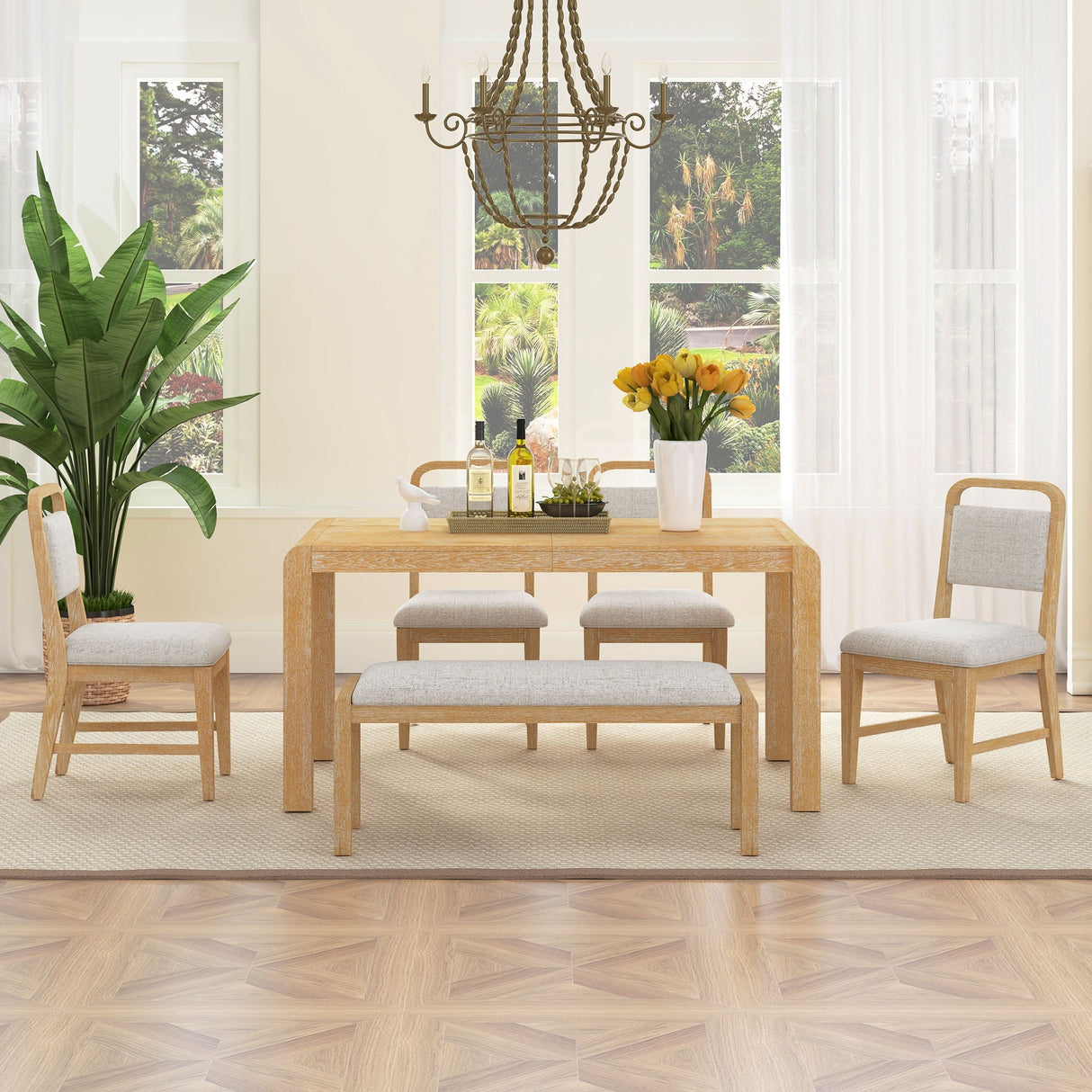 Extendable Dining Table Set With 4 Upholstered Chairs And 1 Bench