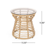 San Pedro Boho Style Side Table with Tempered Glass Top in Light Brown Rattan