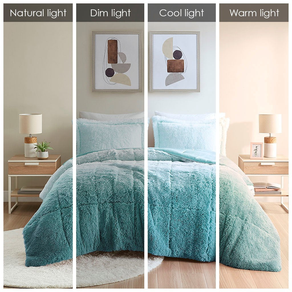 Ombre Shaggy Long Fur Comforter Set with Hypoallergenic Filling - Full/Queen