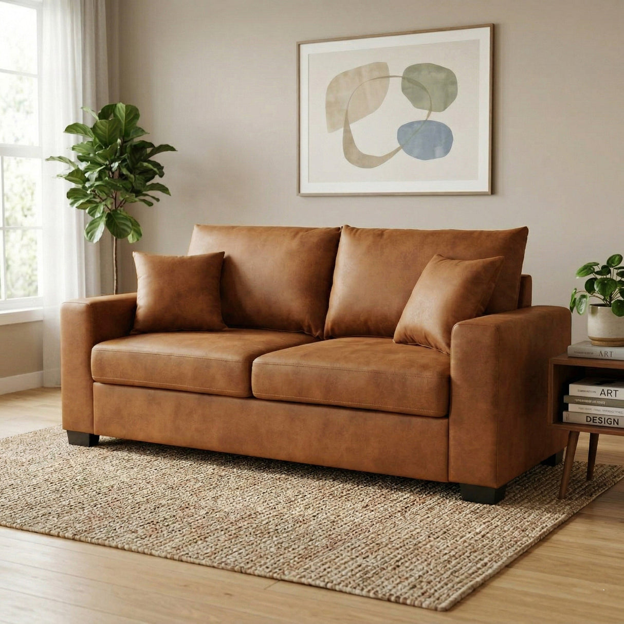 69-Inch Two-Seater Sofa with Foil Fabric and Throw Pillows