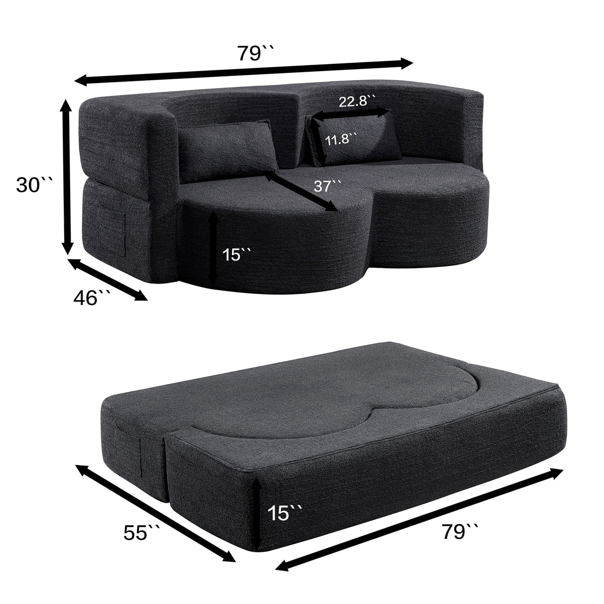 Folding Sofa Bed in Black Teddy Bear Fabric