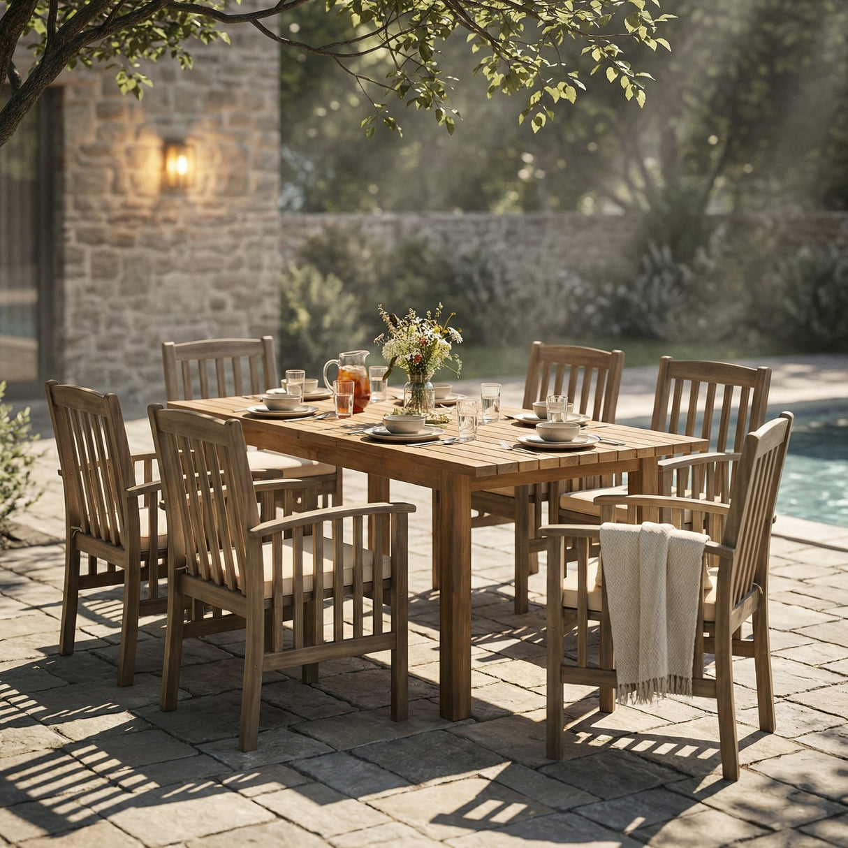 7 Pieces Acacia Wood Outdoor Dining Set with 6 Chairs and Large Table