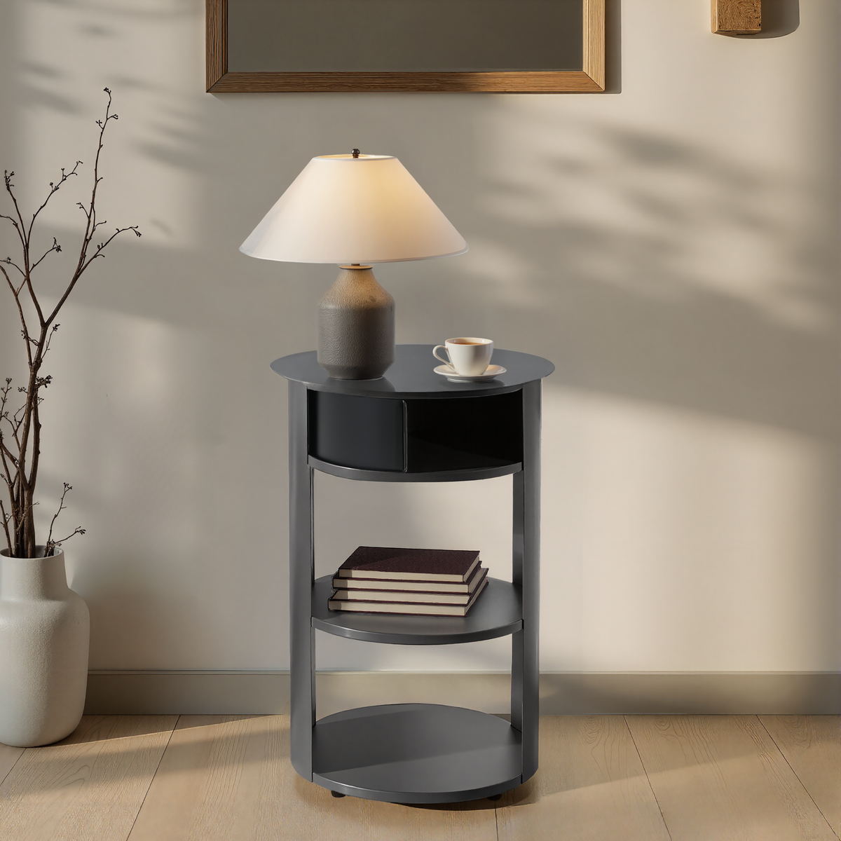 Indoor 3-Tier Metal Round Side Table with Sliding Door Cabinet