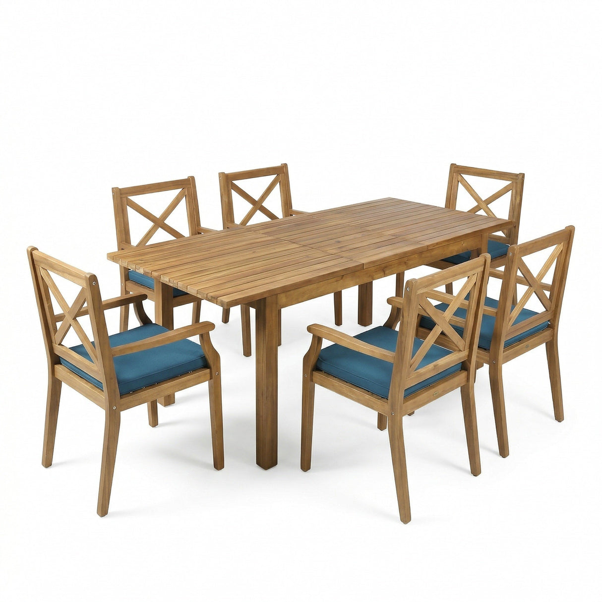 7 Pieces Acacia Wood Outdoor Dining Set with Blue Cushions