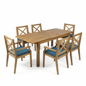 7 Pieces Acacia Wood Outdoor Dining Set with Blue Cushions