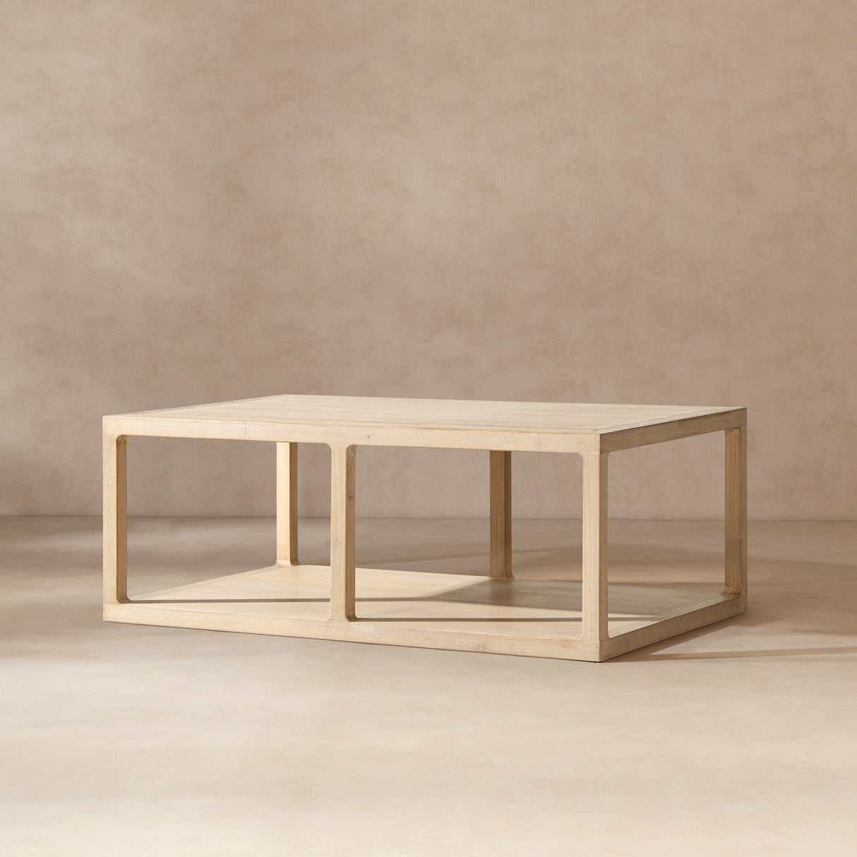 Ellis 48' Reclaimed Wood Open Frame Coffee Table with Lower Shelf, Light Natural Cerused Reclaimed Pine Wood