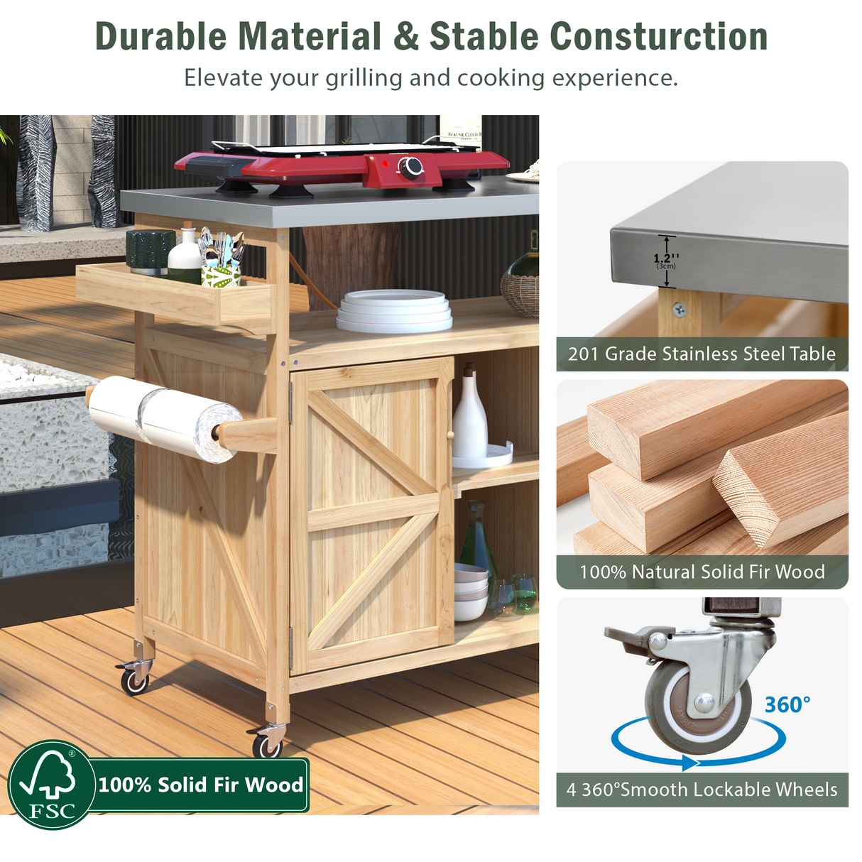 K&K Outdoor Kitchen Island, Rolling Bar Cart & Storage Cabinet