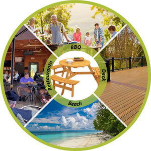 6 Person Circular Outdoor Wooden Picnic Table For Patio, Backyard, Garden, Diy With 3 Built-In Benches, 1720Lb Capacity
