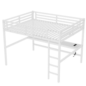 Metal Queen Size Loft Bed with Power Outlet and LED Lighted