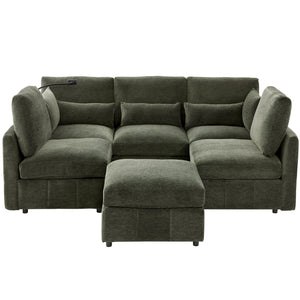 Modern Modular U-Shaped Sofa Bed With Movable Ottoman, USB Ports, Phone Holder