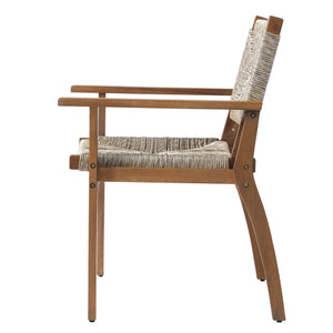 Durable Outdoor Dining Chair with Acacia Wood Frame, Handwoven Wicker Seat, Brown Finish, Patio Garden Furniture, (Compatible with Matching Table) Set of 2