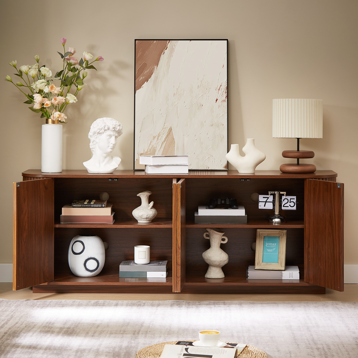 Sideboard Storage Cabinet TV Stand with Wave Pattern in Walnut