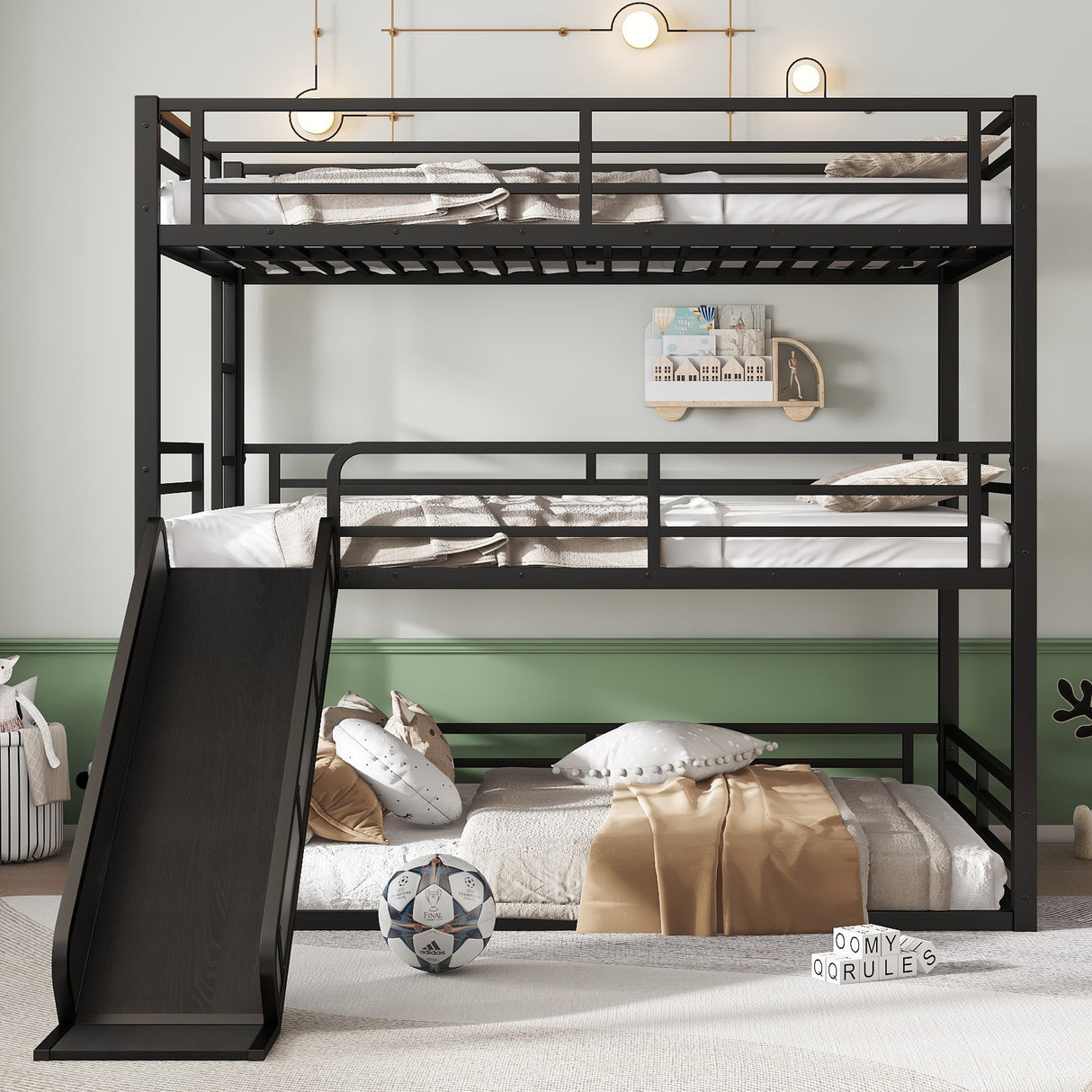 Queen Over Queen Over Queen Bunk Bed with Slide