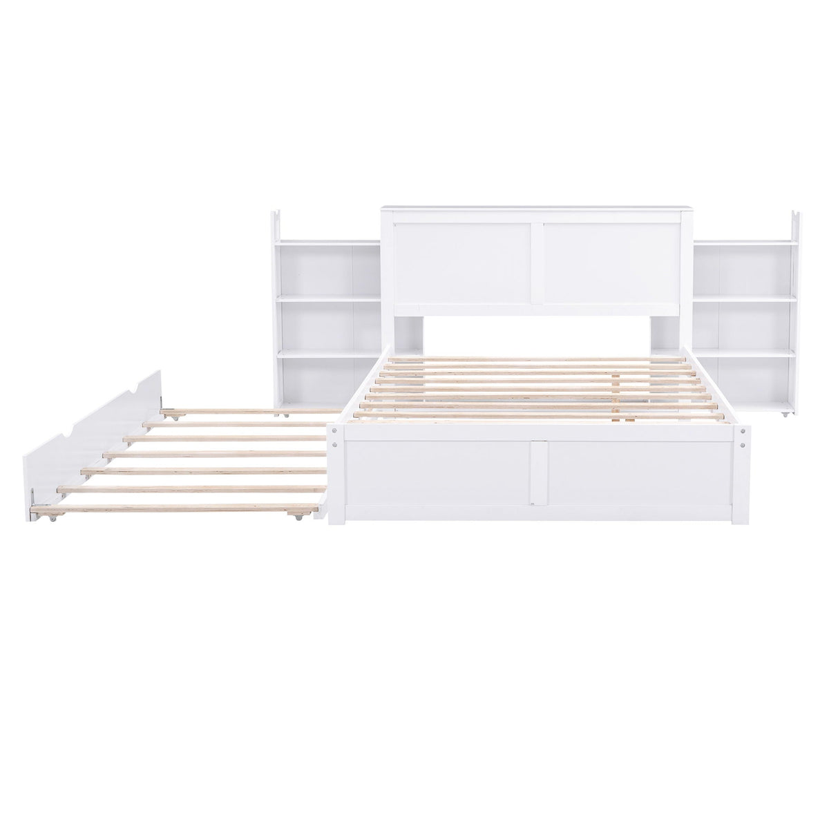 Storage Platform Bed With Pull Out Shelves And Trundle