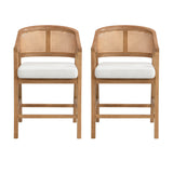 Wooden Frame Counter Stool with Rattan Back, Set of 2