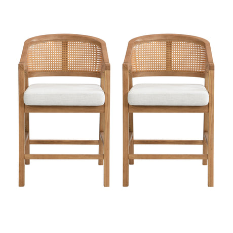 Wooden Frame Counter Stool with Rattan Back, Set of 2