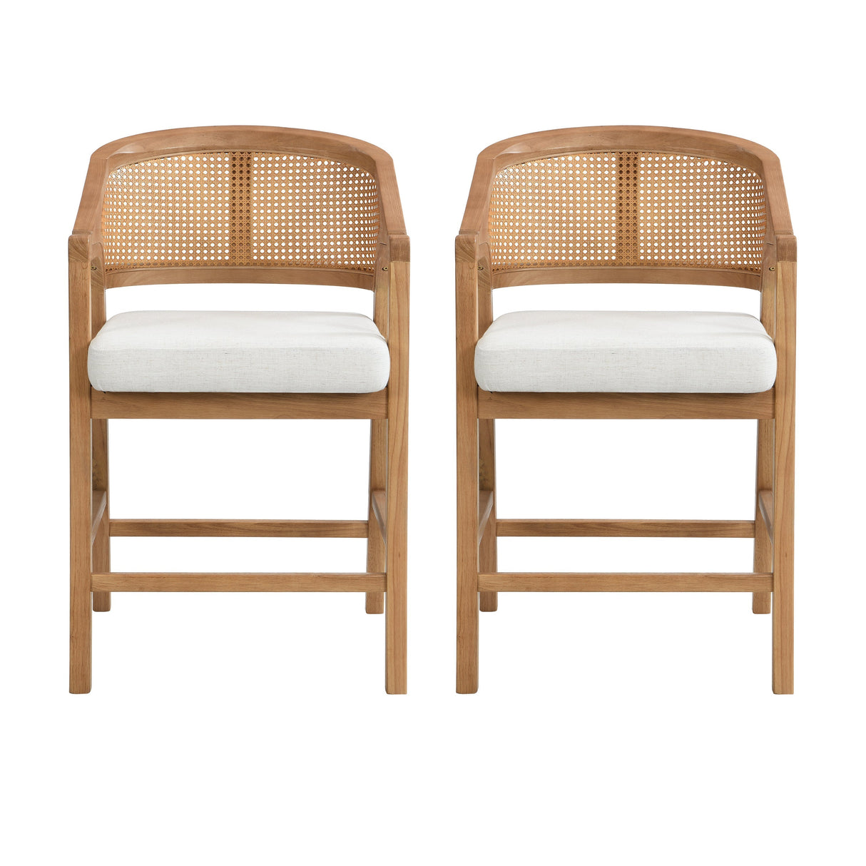 Wooden Frame Counter Stool With Rattan Back - Set of 2