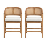 Wooden Frame Counter Stool With Rattan Back - Set of 2
