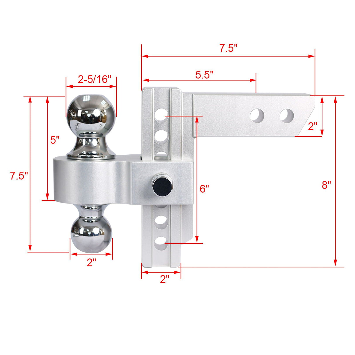 Alu - Adjustable Trailer Drop Hitch With 2" Receiver, 6" Adjustment - Silver