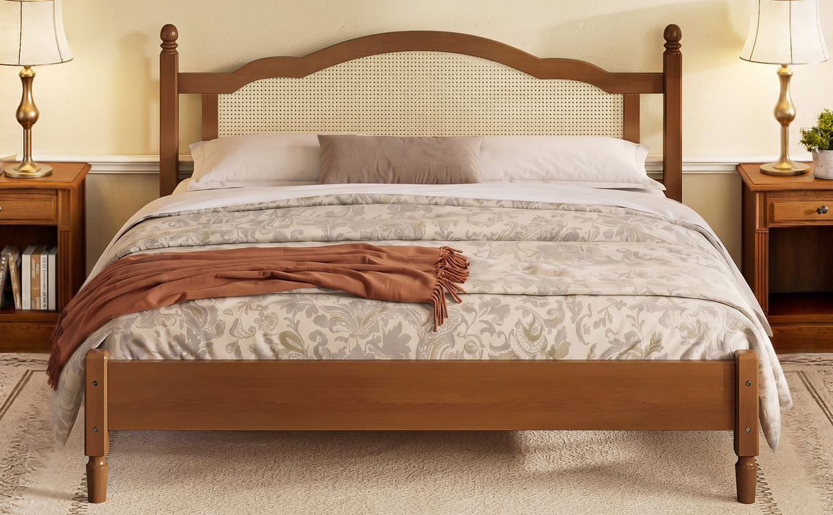 King Size Wooden Platform Bed with Rattan Headboard