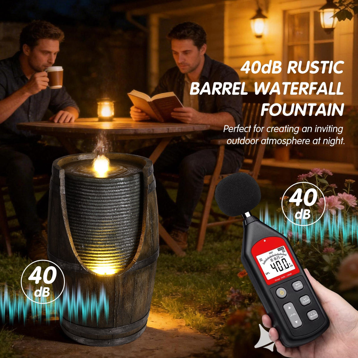 Wooden Barrel Style Outdoor Water Fountain with Lights Resin Rustic Garden Waterfall Decor for Patio Porch Yard