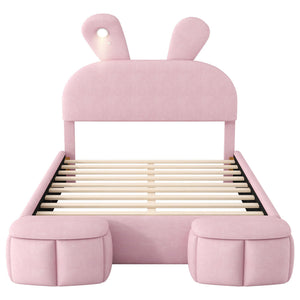 Full Upholstered Platform Bed With Cartoon Ears Headboard And LED Light - Pink