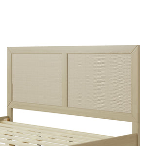 Solid Wood Platform California King Bed With Rattan
