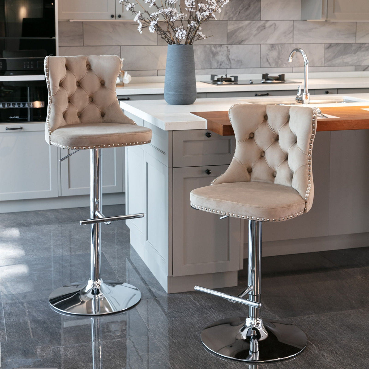 Swivel Barstools Adjusatble Seat Height From 25-33", Modern Upholstered Base Bar Stools With Backs Comfortable Tufted For Home Pub And Kitchen Island (Set of 2)