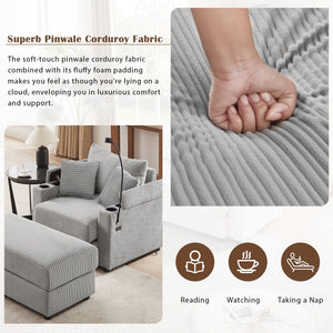 Single Sofa Couch With Storage Space, Movable Ottoman, USB Ports, Cup Holders, Phone Holder