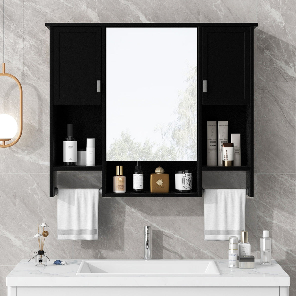 Wall Mounted Bathroom Storage Cabinet with Mirror and Towel Bar - Black, Dark Gray, or White