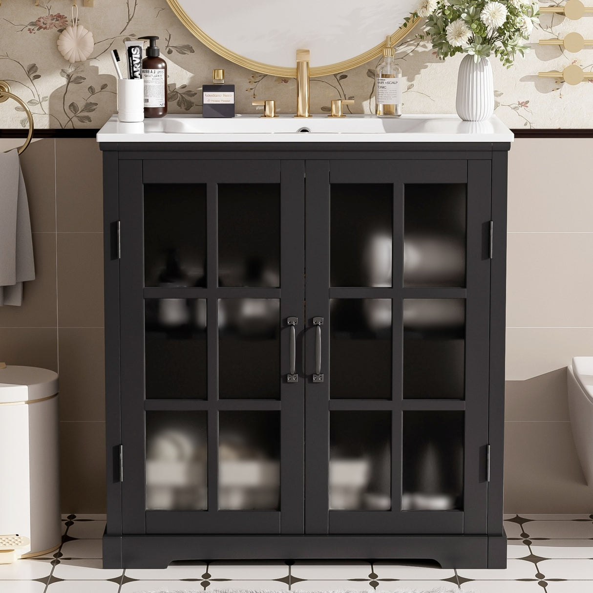 30" Matte Black Glass-Door Bathroom Vanity by Christopher Knight Home