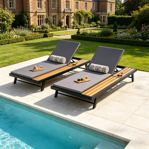 Black Iron + Teak Finish Outdoor Chaise Lounge Set