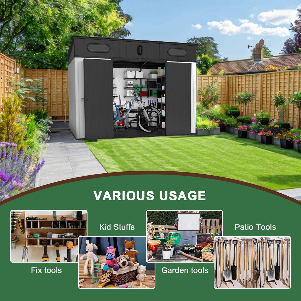 10 Ft. W X 7 Ft. D Plastic Storage Shed With Floor - Black / Gray