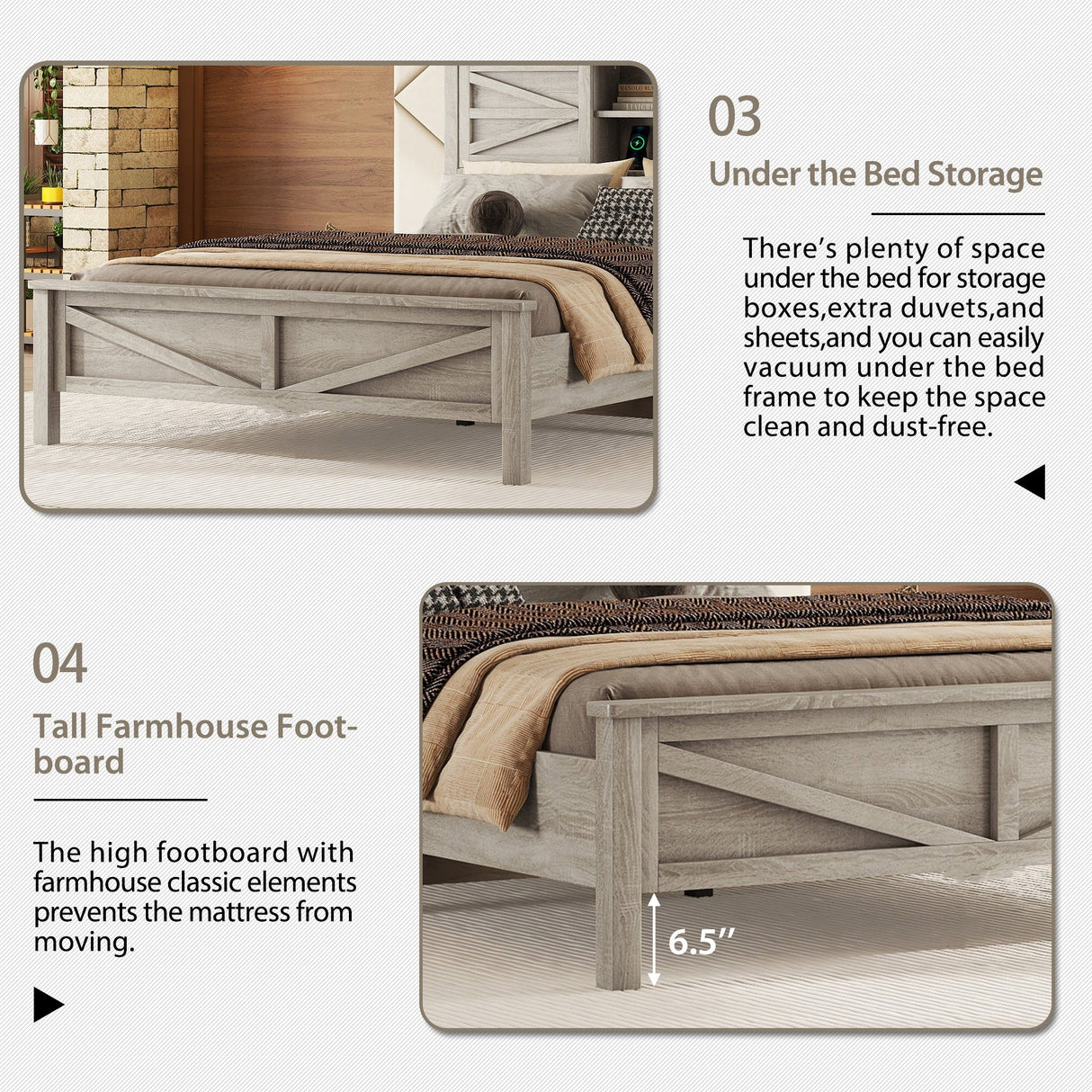 3-Pieces Bedroom Set Queen Size Farmhouse Platform Bed with Storage Headboard and Charging Station